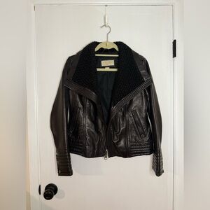 Women's Micheal Kors Black Leather Jacket‎ with Knit collar